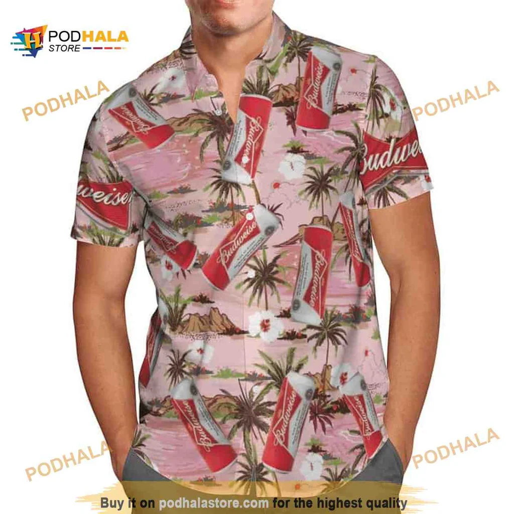 Budweiser Beer Hawaiian Shirt With Tropical Hibiscus And Palm Trees