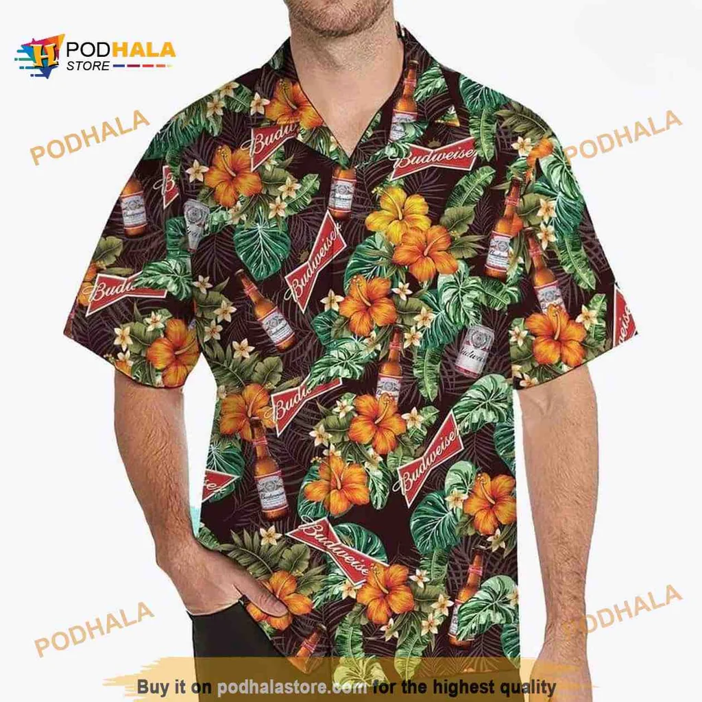 Budweiser Beer Tropical Aloha Shirt With Hibiscus Flowers