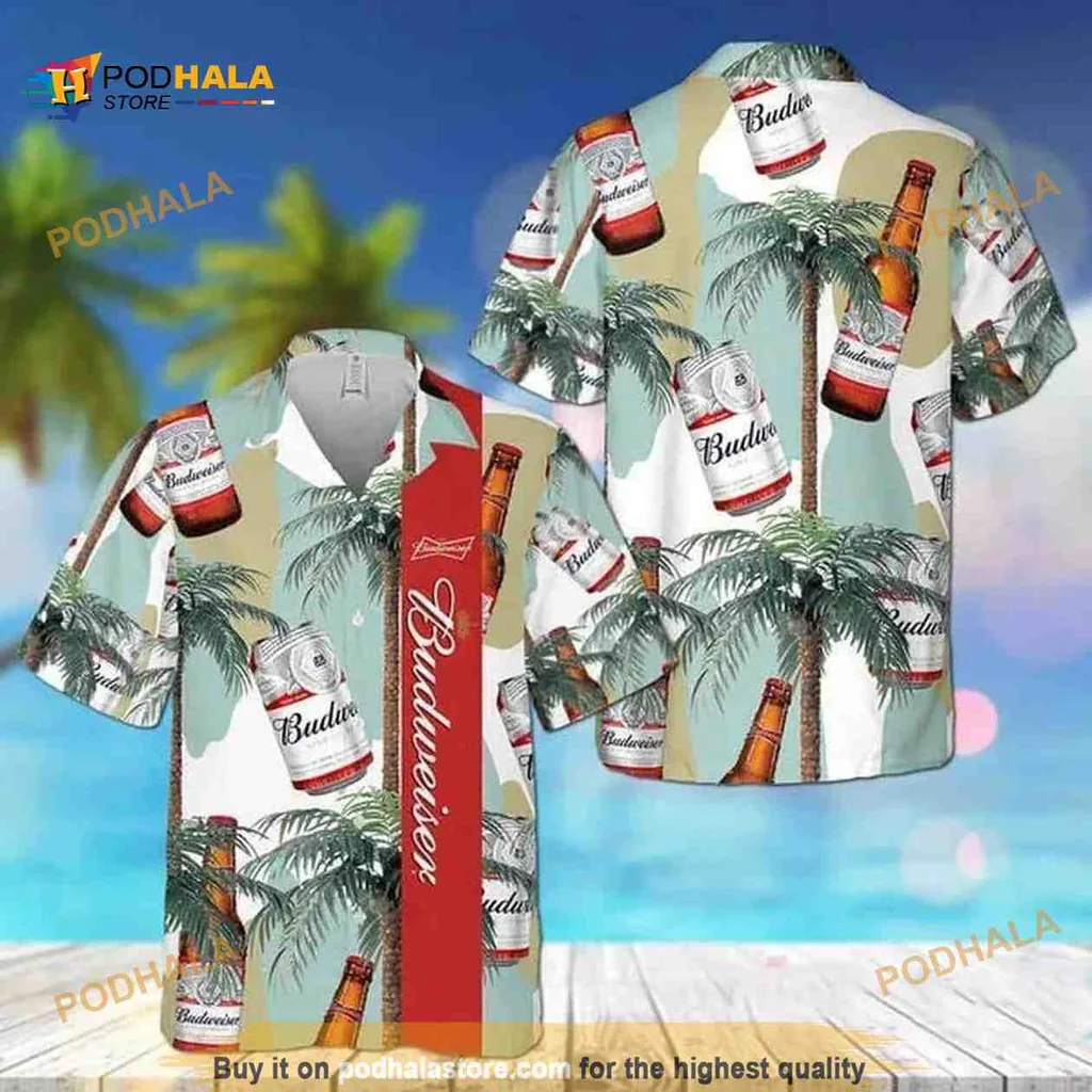 Budweiser Beer Tropical Aloha Shirt With Palm Trees And Beach Vibes