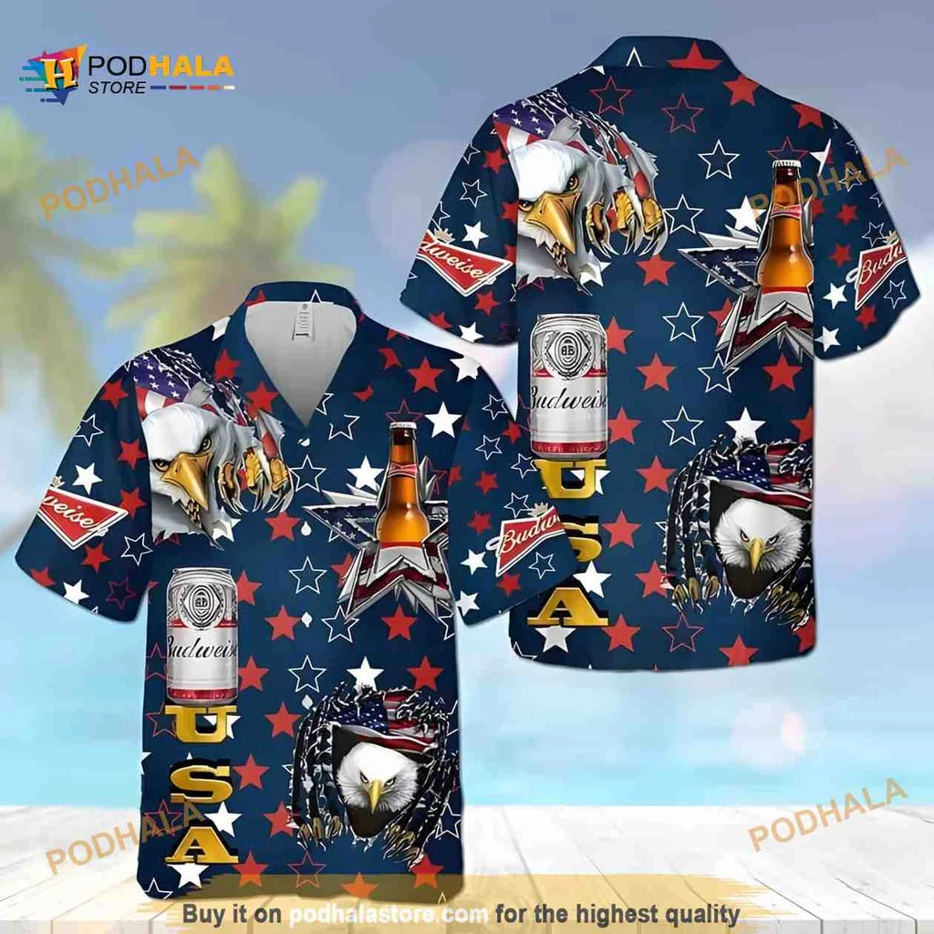 Budweiser Eagle Hawaiian Shirt, Usa Flag Independence Day Aloha Shirt