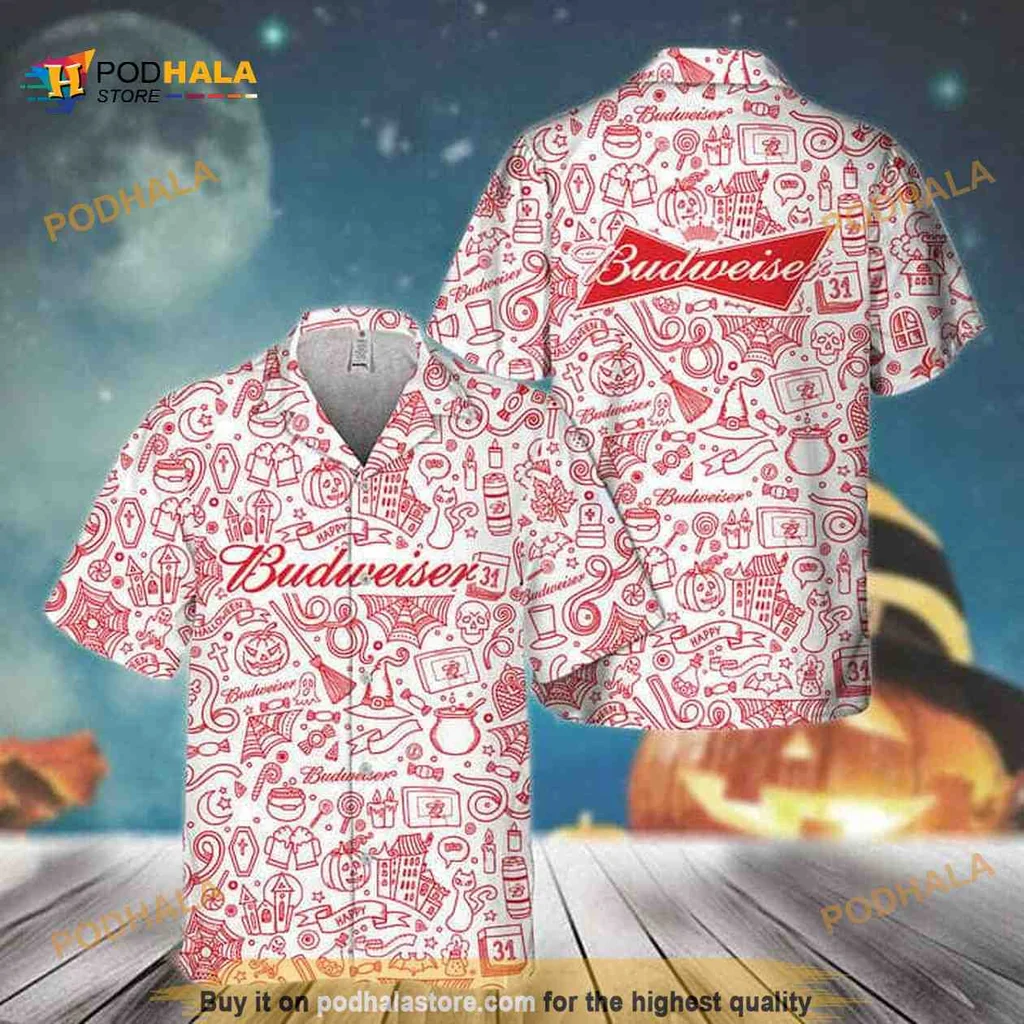 Budweiser Halloween Hawaiian Shirt With Doodle Art For Beer Lovers