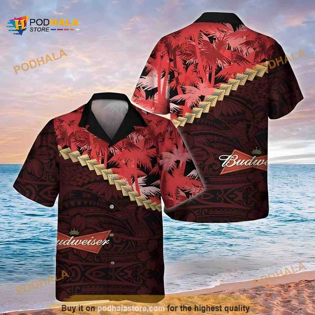 Budweiser Hawaiian Shirt, Vibrant Polynesian Palm Tree Pattern