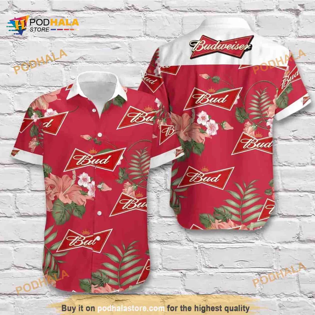 Budweiser Hibiscus Aloha Shirt, Tropical Red Floral Hawaiian Shirt