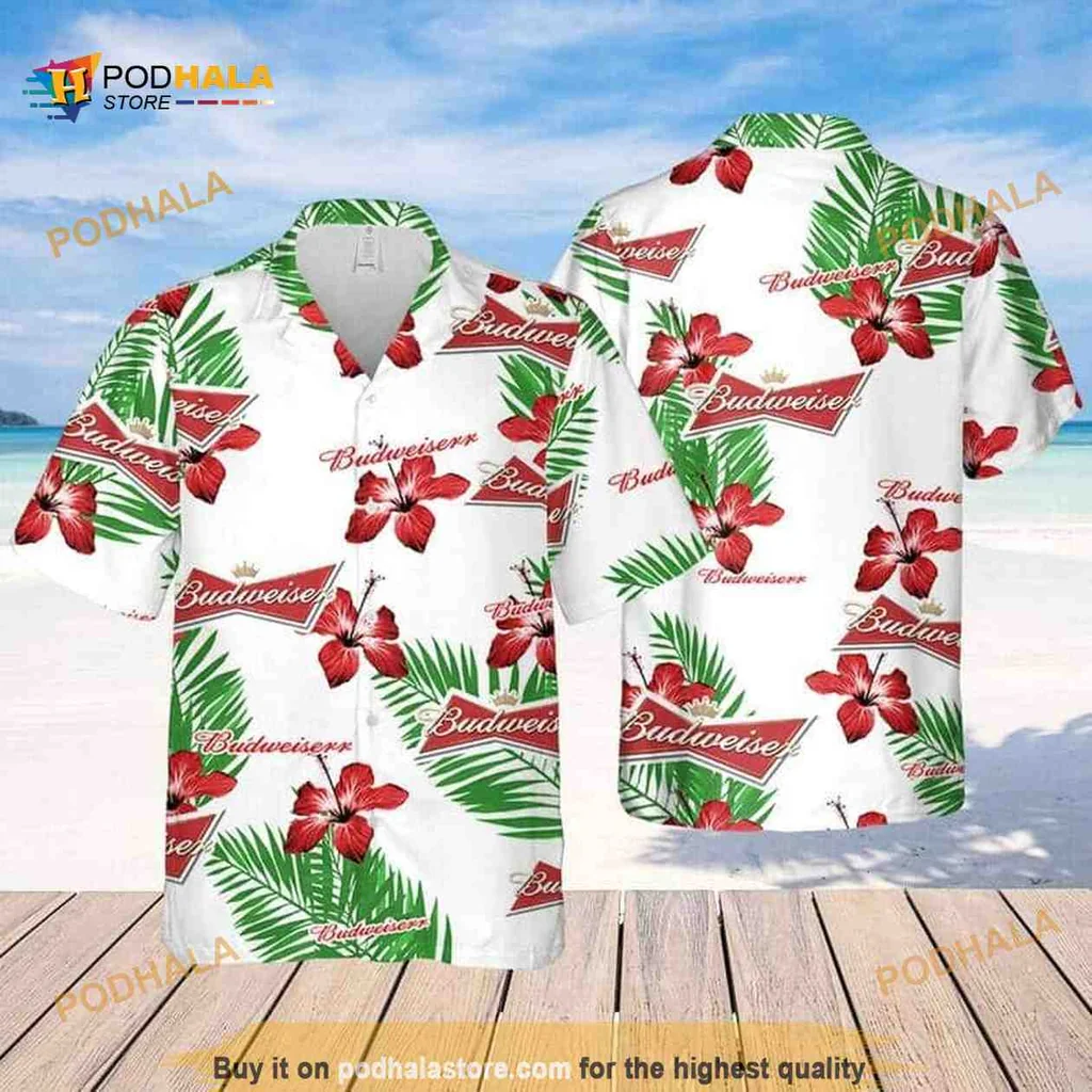 Budweiser Hibiscus Flower Hawaiian Shirt, Tropical Aloha Style