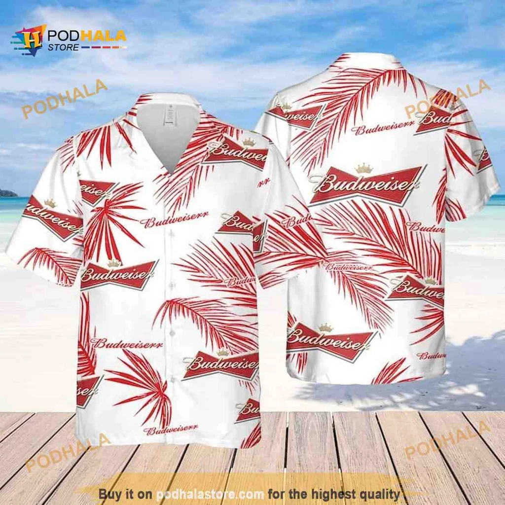 Budweiser Palm Leaves Hawaiian Shirt, Tropical Beach Vacation Style