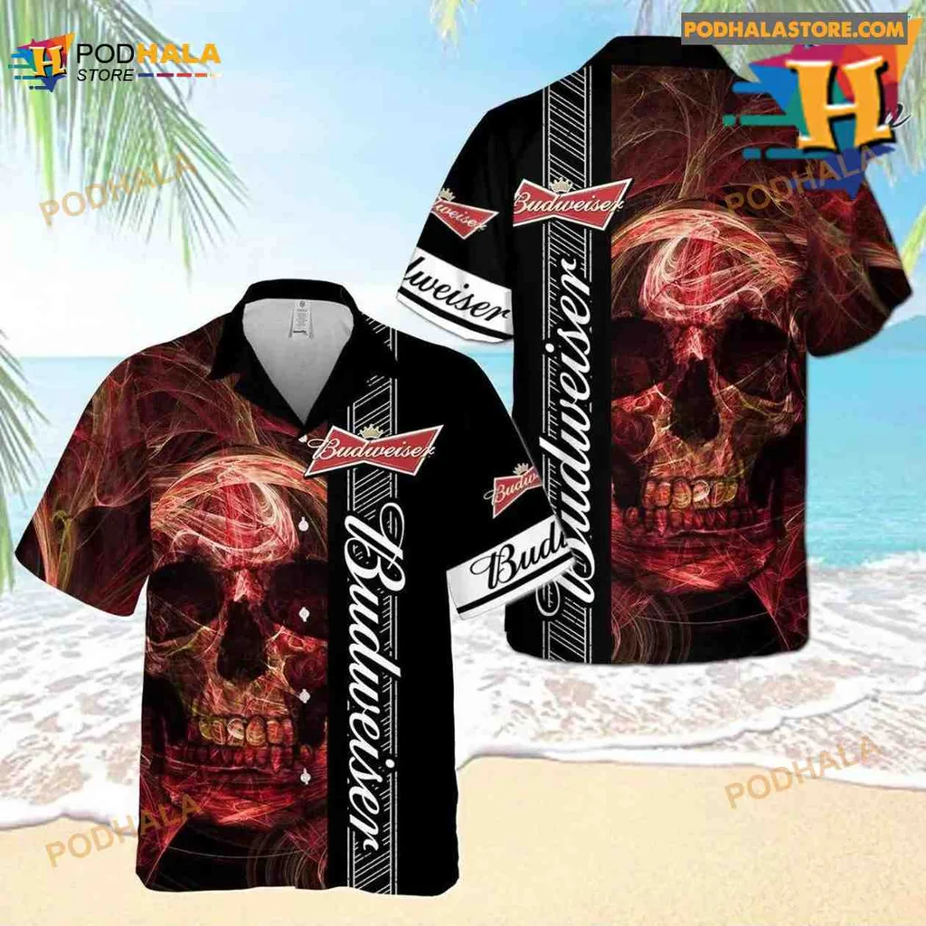 Budweiser Skull Hawaiian Shirt With Fiery Red And Brown Design