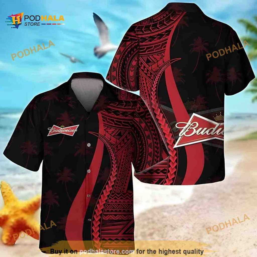 Budweiser Tropical Aloha Shirt, Red Polynesian Coconut Tree Pattern
