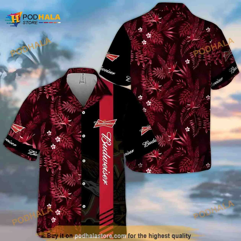 Budweiser Tropical Aloha Shirt, Red Tropical Foliage On Dark Background