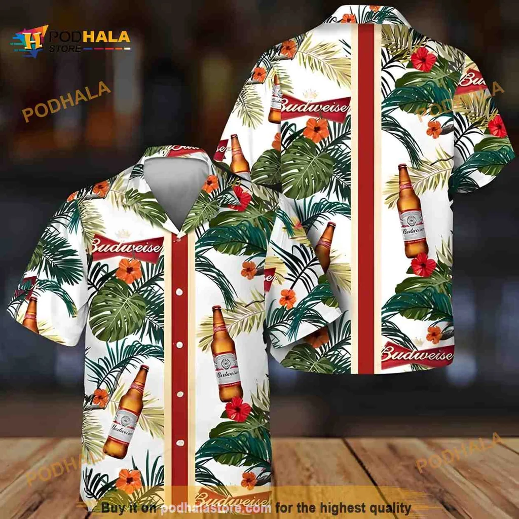 Budweiser Tropical Aloha Shirt, Vibrant Hawaiian Design With Beer And Flowers