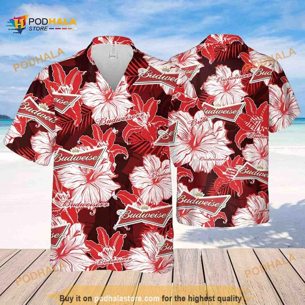 Budweiser Tropical Aloha Shirt, Vibrant Hibiscus Floral Pattern For Beach Lovers