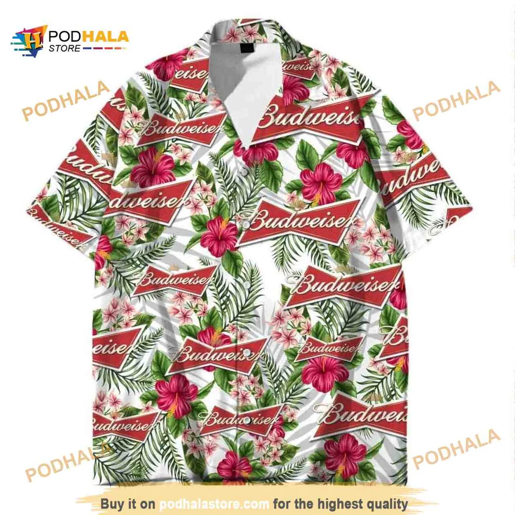 Budweiser Tropical Aloha Shirt, Vibrant Hibiscus Flowers And Palm Leaves
