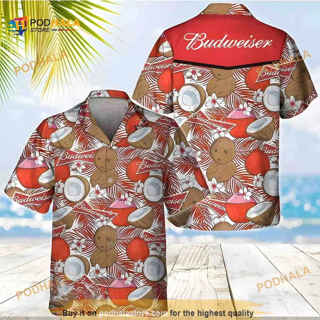 Budweiser Tropical Aloha Shirt With Coconut Pattern And Palm Leaves