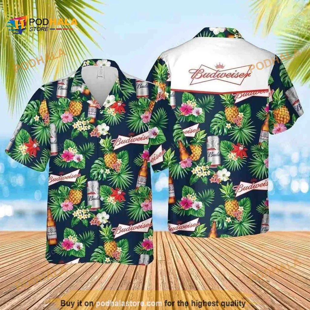 Budweiser Tropical Aloha Shirt With Colorful Floral Design