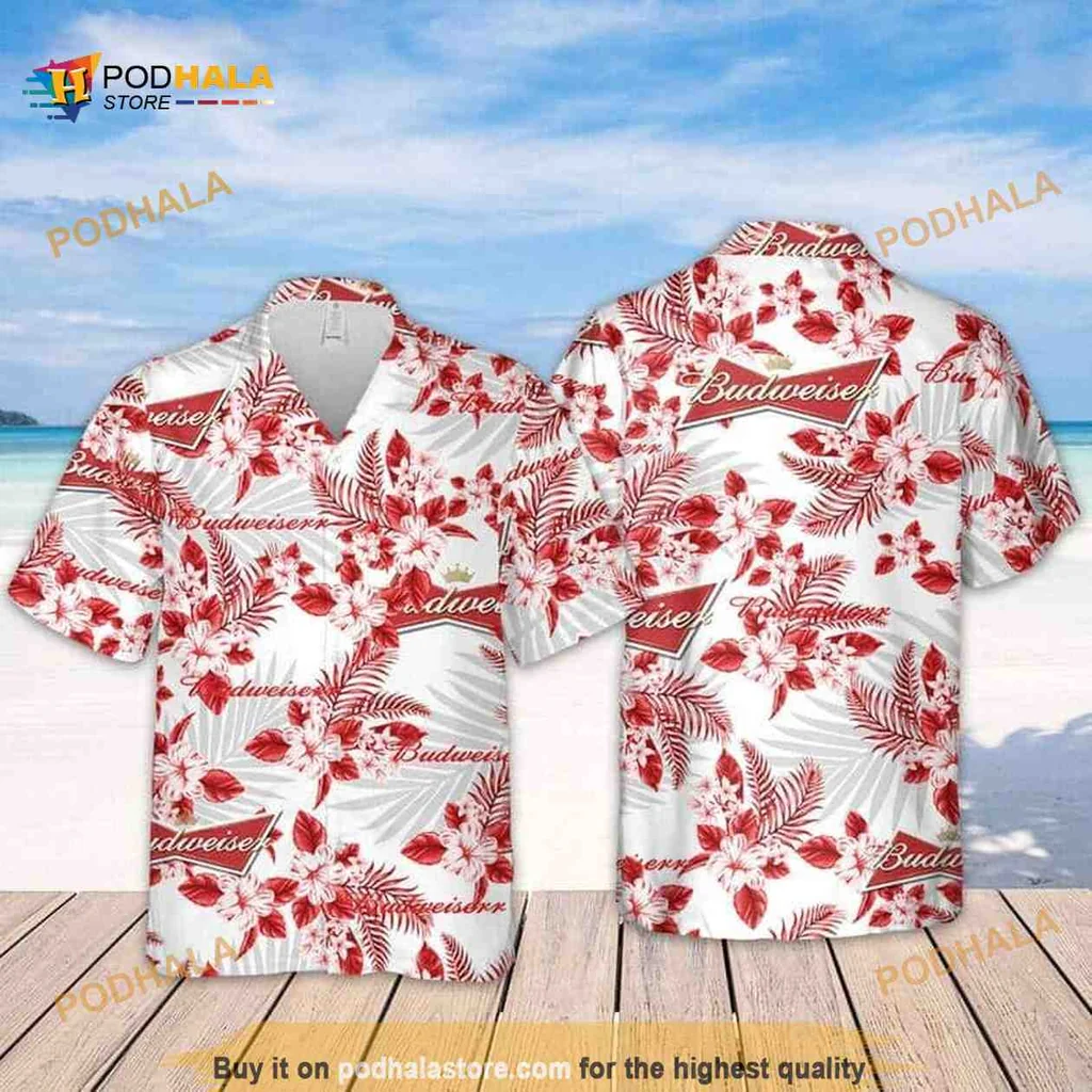 Budweiser Tropical Aloha Shirt With Vibrant Flower Pattern