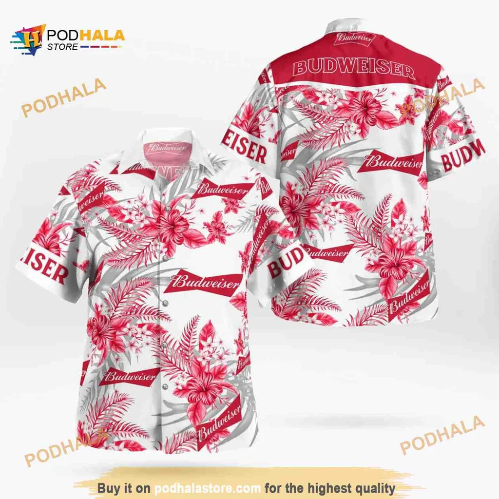 Budweiser Tropical Aloha Shirt With Vibrant Flower Pattern