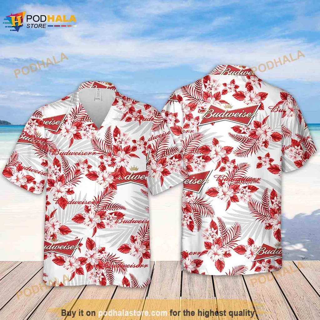 Budweiser Tropical Floral Hawaiian Shirt With Hibiscus And Leaves