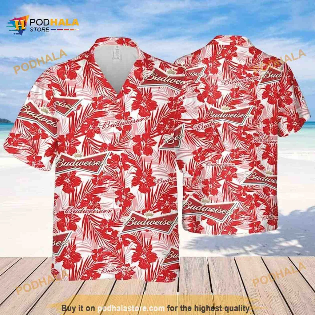 Budweiser Tropical Flower Aloha Shirt, Vibrant Hibiscus Design For Beach Trips