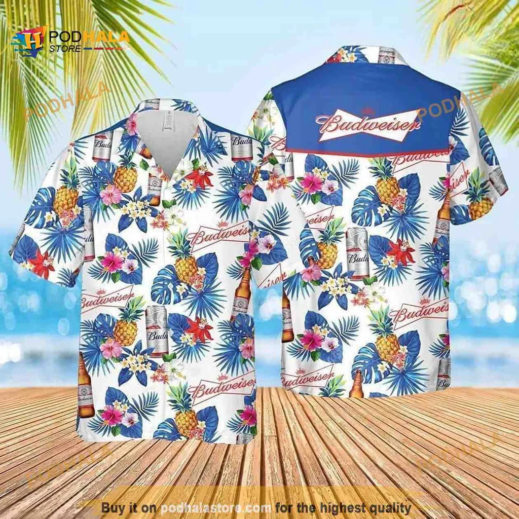 Budweiser Tropical Flower Aloha Shirt With Hibiscus And Palm Leaves