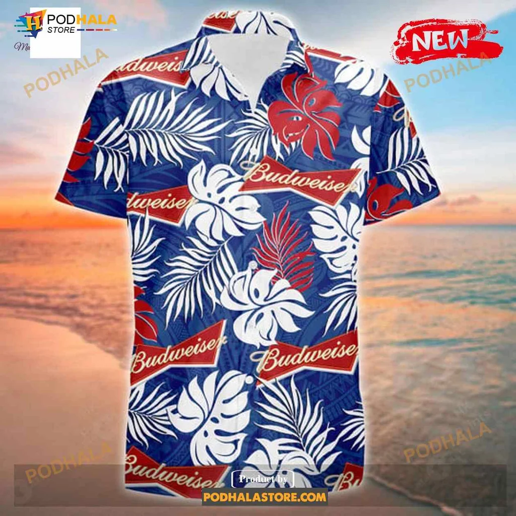 Budweiser Tropical Hawaiian Shirt With Bold Tropical Leaves Design