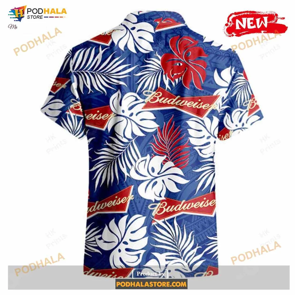 Budweiser Tropical Aloha Shirt With Bold Tropical Leaves Design Budweiser Tropical Aloha Shirt With Bold Tropical Leaves Design