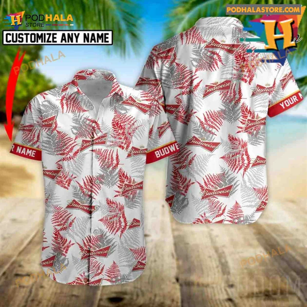Budweiser Tropical Hawaiian Shirt With Red Ferns And Bold Design
