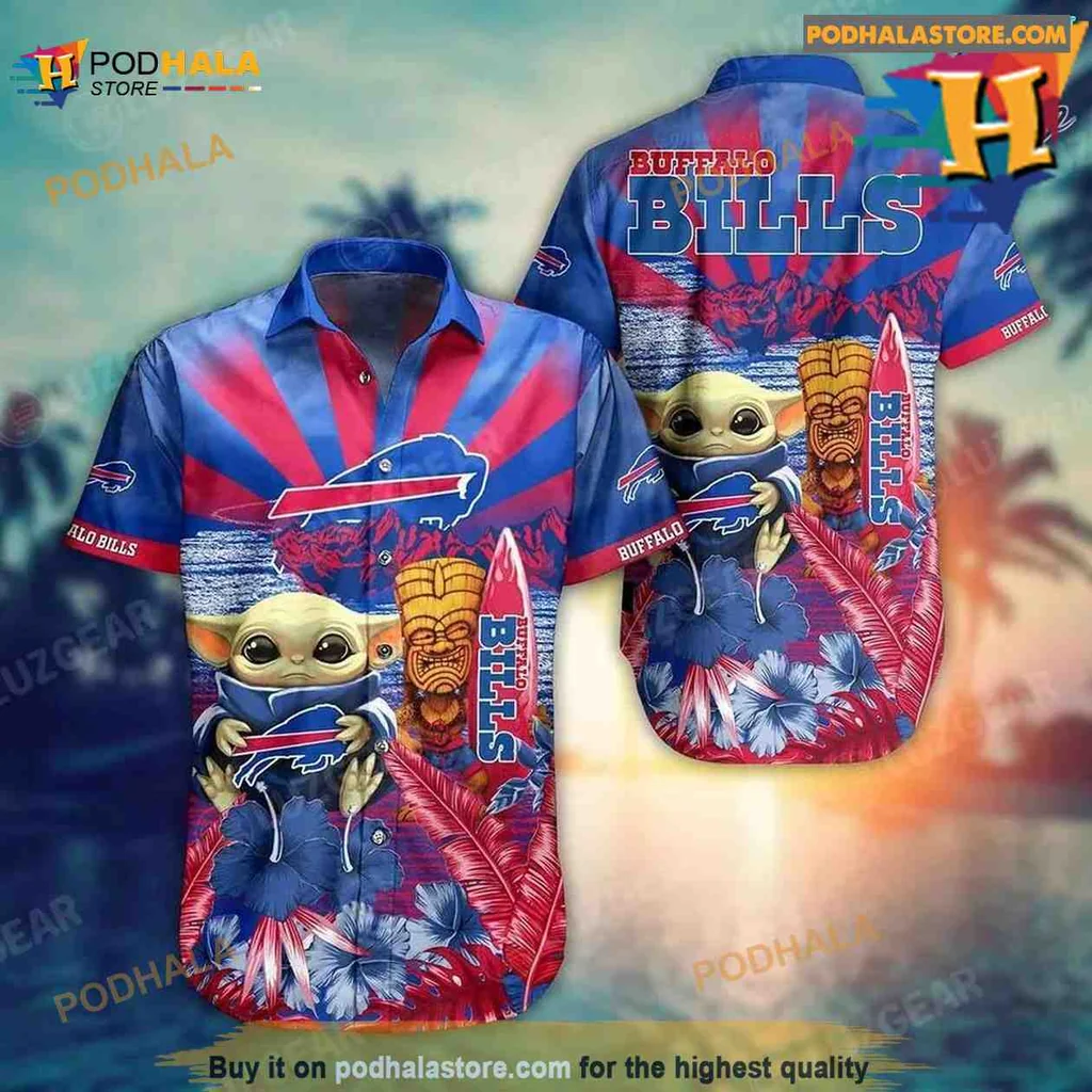 Buffalo Bills Baby Yoda Hawaiian Shirt With Football And Tropical Motifs