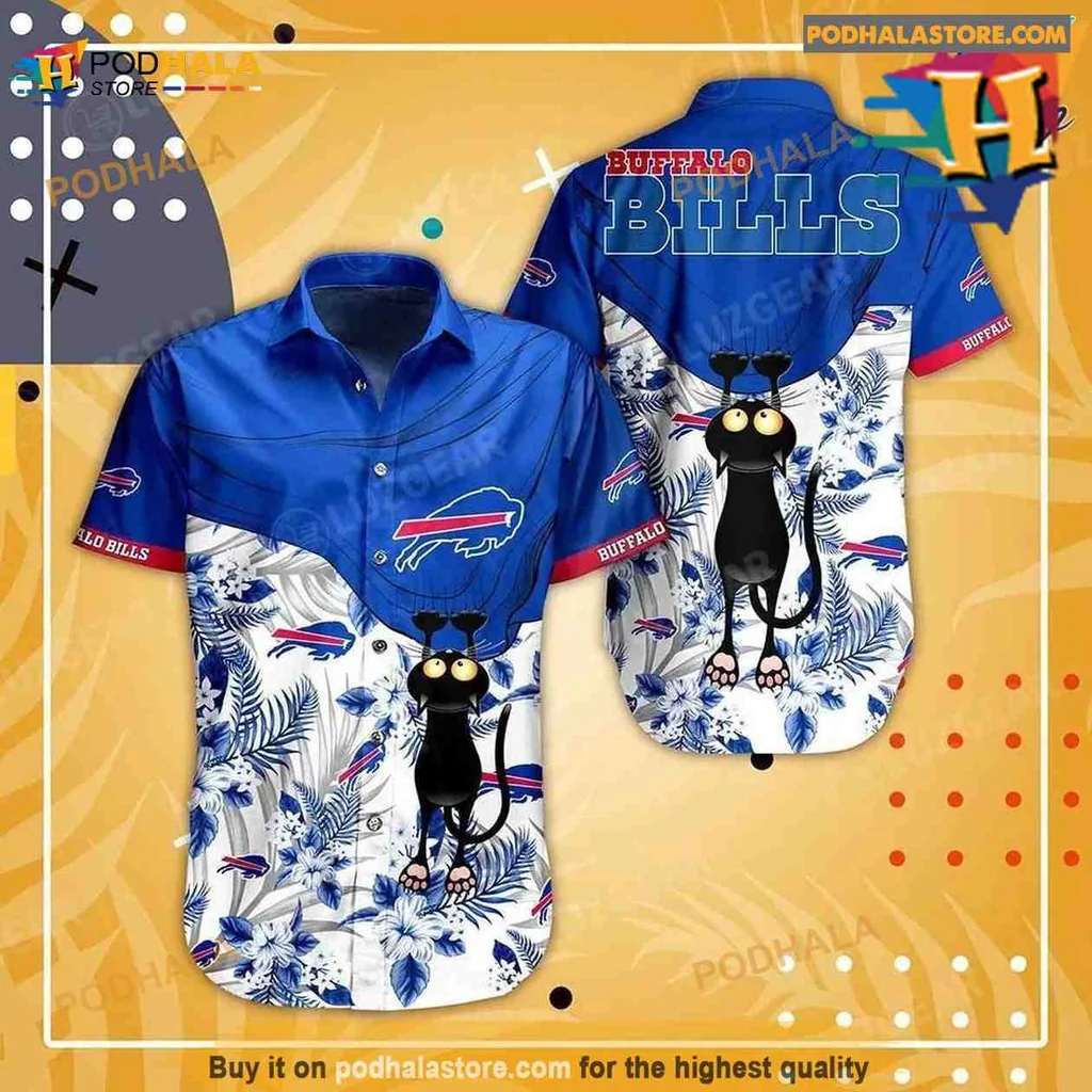 Buffalo Bills Black Cat Aloha Shirt With Tropical Design