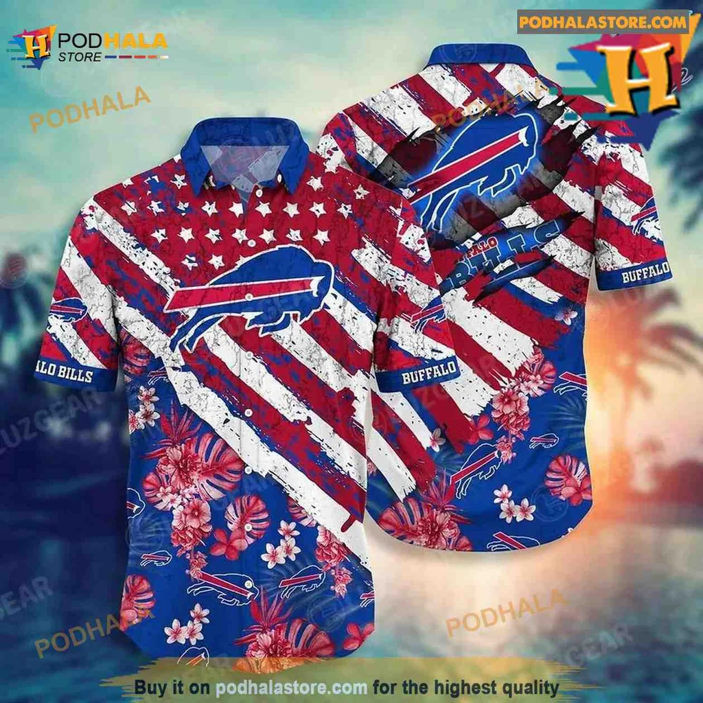 Buffalo Bills Floral Aloha Shirt With American Flag Design