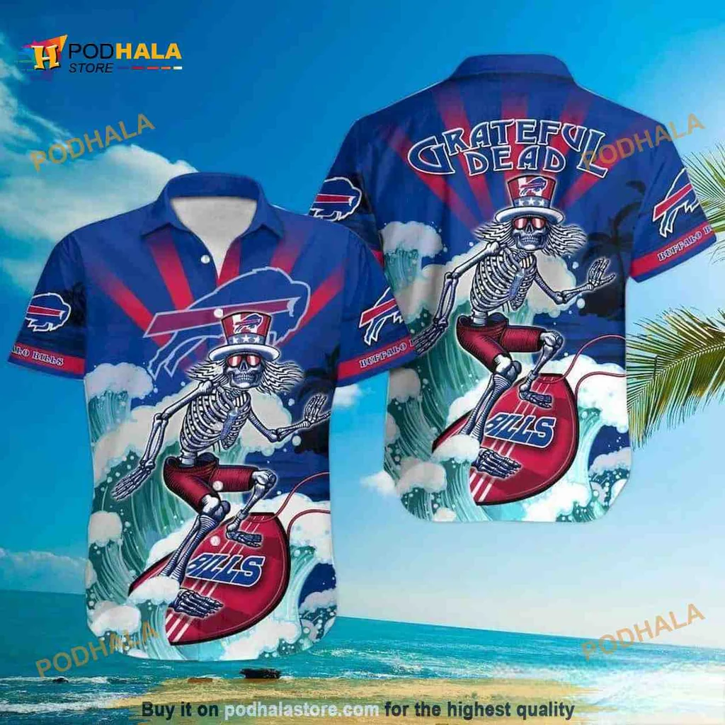 Buffalo Bills Grateful Dead Hawaiian Shirt Featuring Surfing Skeleton Design