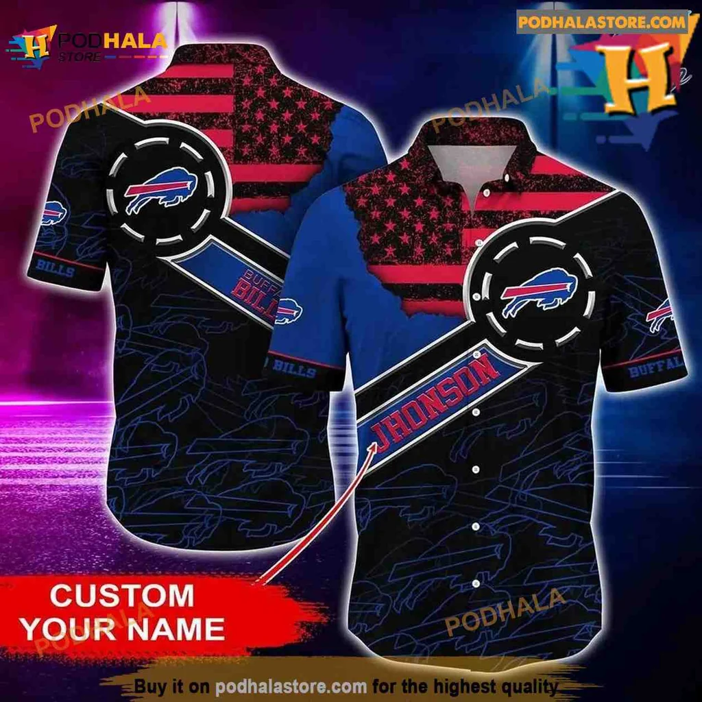 Buffalo Bills Hawaiian Shirt With Custom Name And American Flag Design