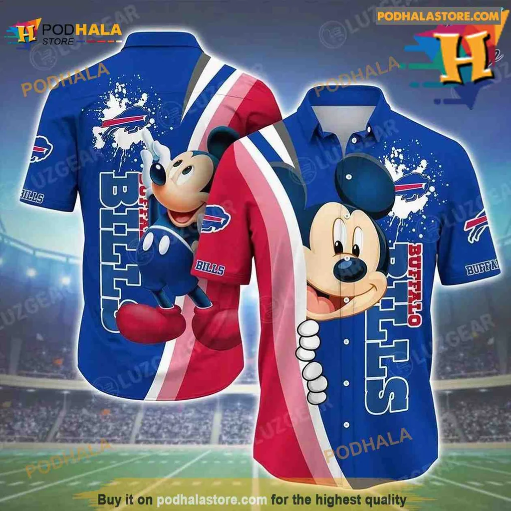 Buffalo Bills Mickey Mouse Hawaiian Shirt Featuring Cartoon Football Design