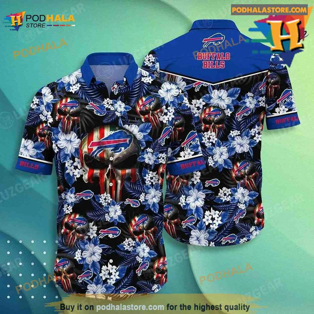 Buffalo Bills Punisher Aloha Shirt With Skull Design And Tropical Flowers