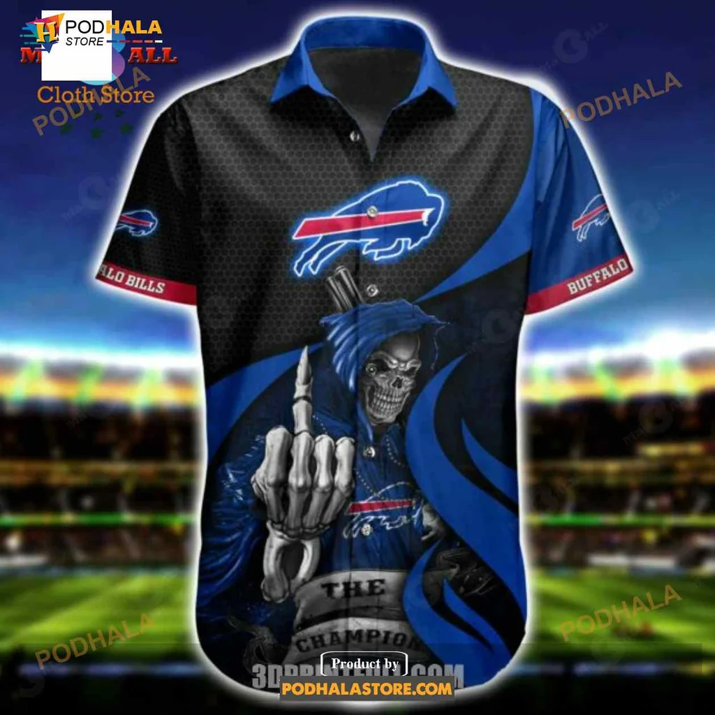 Buffalo Bills Skeleton Hawaiian Shirt, The Champion Design With Middle Finger Gesture