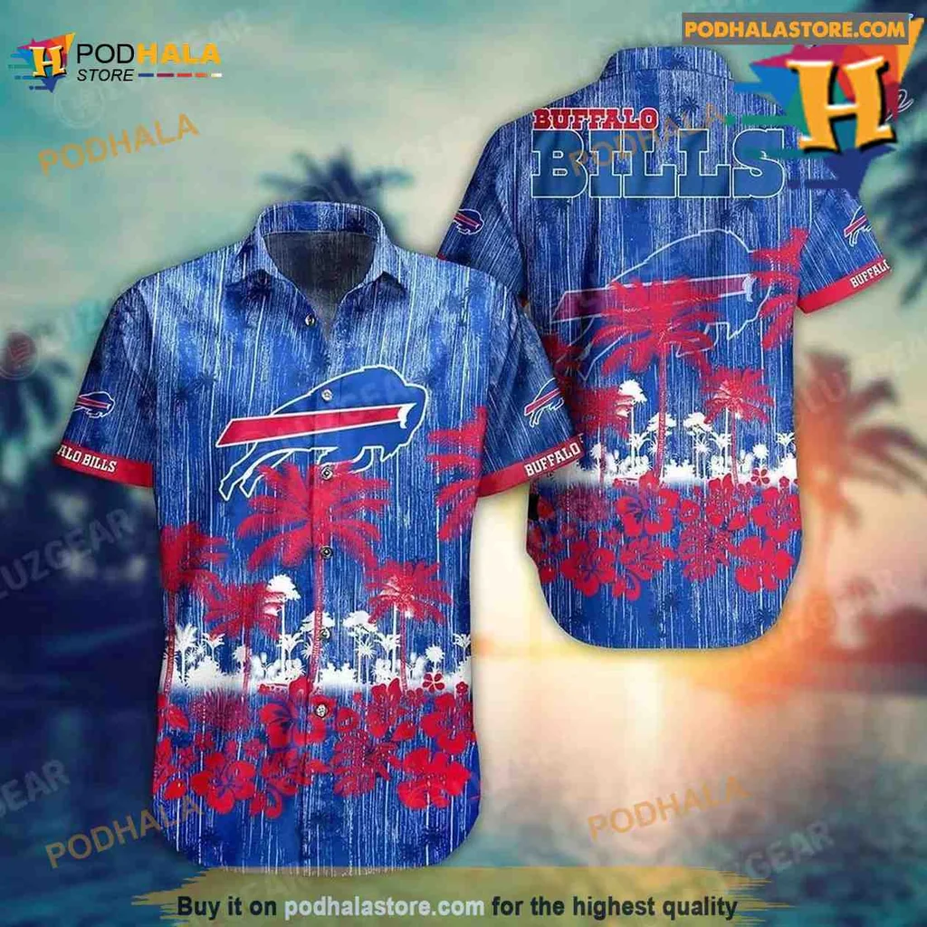 Buffalo Bills Tropical Aloha Shirt With Hibiscus Flowers And Palm Leaves