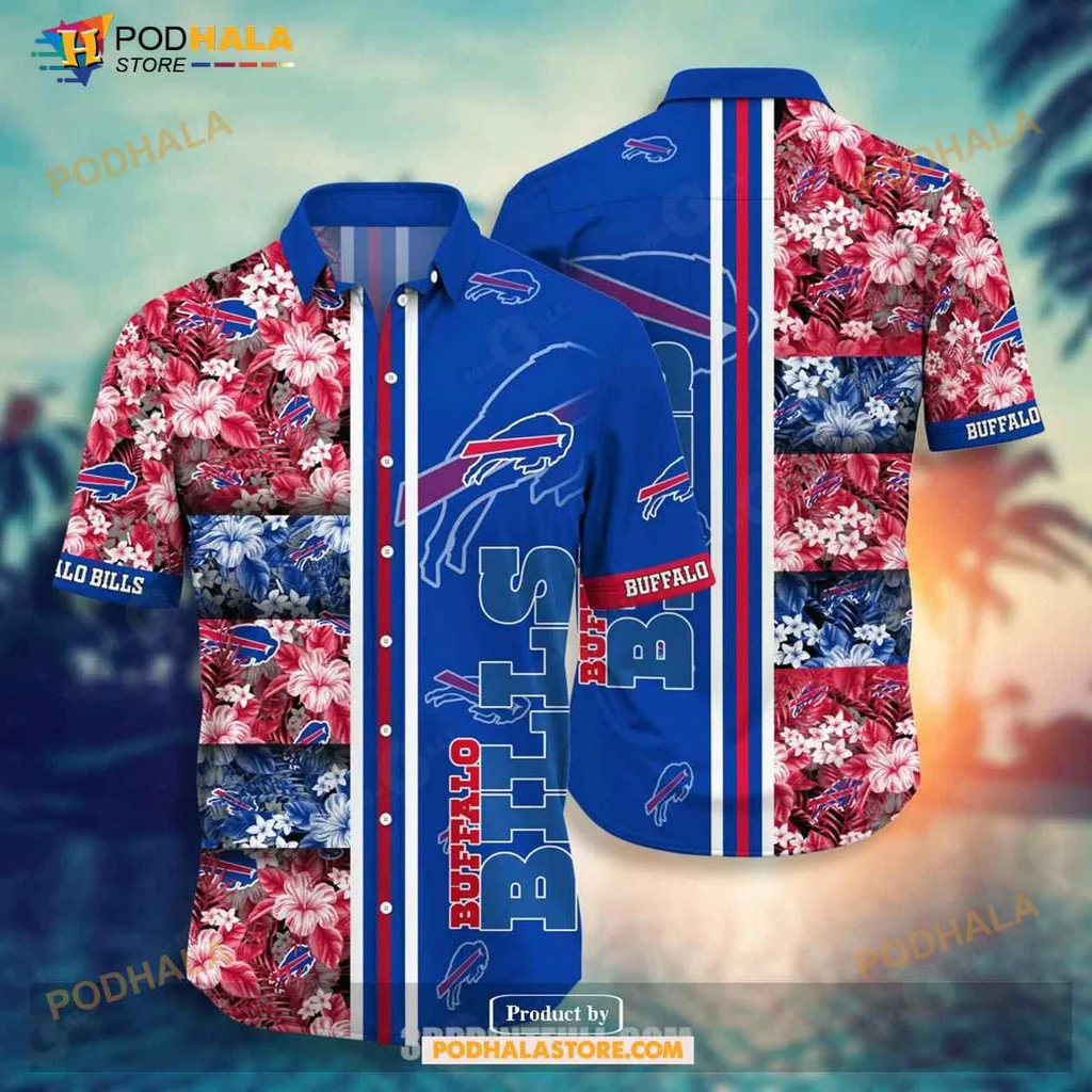 Buffalo Bills Tropical Hawaiian Shirt With Hibiscus Flowers And Bold Stripes
