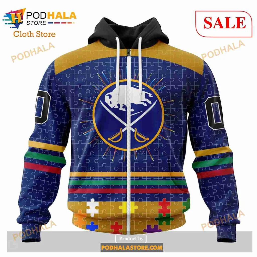 Buffalo Sabres Autism Awareness Hoodie Featuring Colorful Puzzle Design - View 1 Buffalo Sabres Autism Awareness Hoodie Featuring Colorful Puzzle Design - View 1