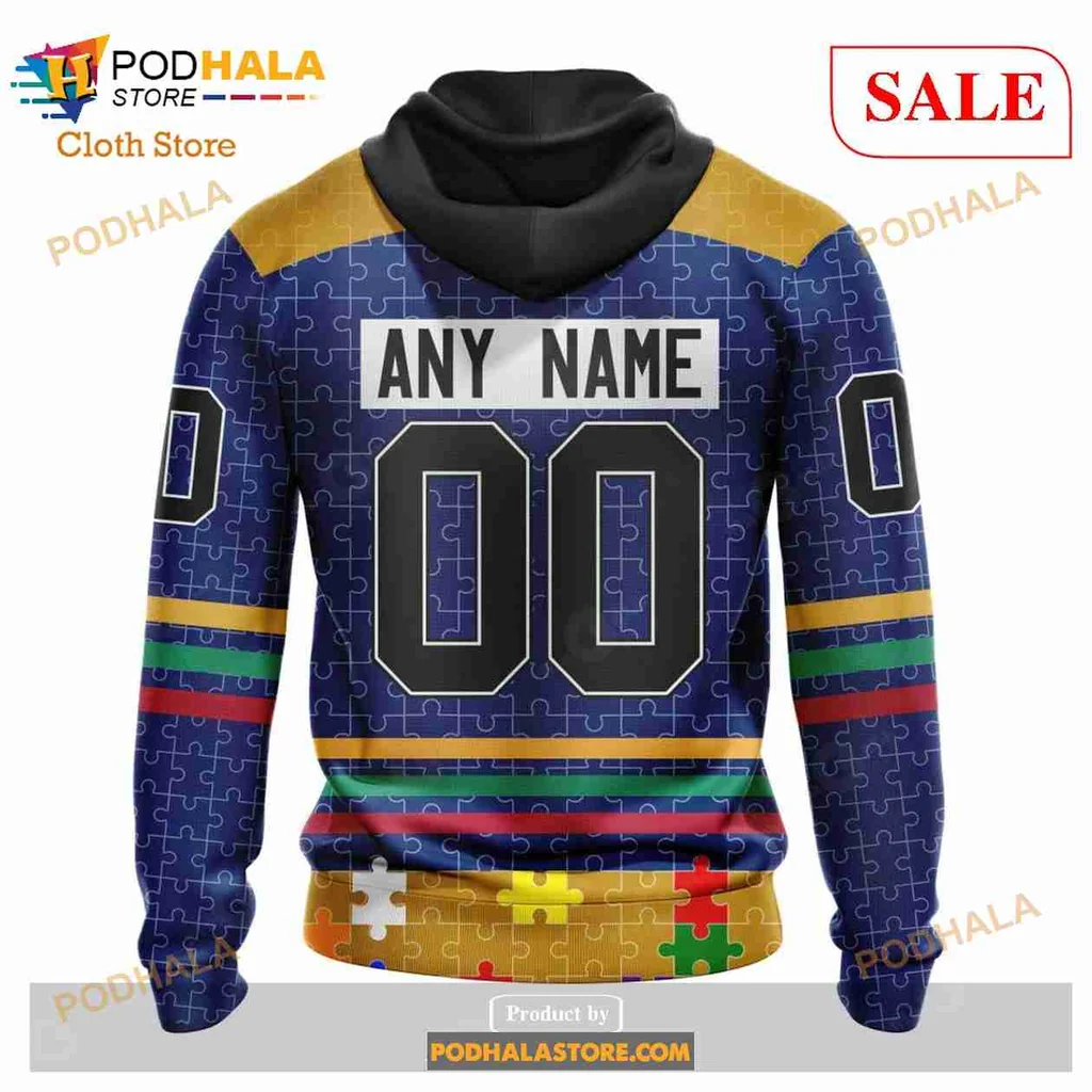 Buffalo Sabres Autism Awareness Hoodie Featuring Colorful Puzzle Design - View 2 Buffalo Sabres Autism Awareness Hoodie Featuring Colorful Puzzle Design - View 2