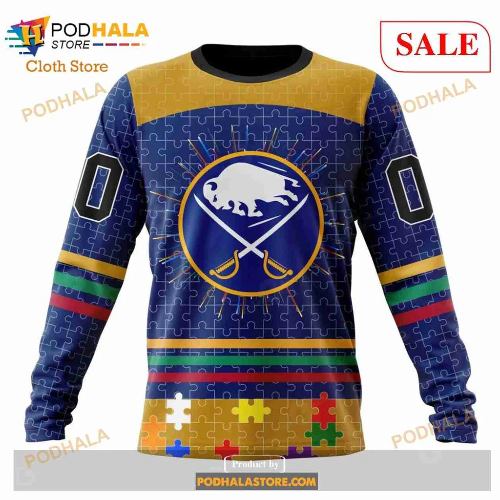 Buffalo Sabres Autism Awareness Hoodie Featuring Colorful Puzzle Design - View 3 Buffalo Sabres Autism Awareness Hoodie Featuring Colorful Puzzle Design - View 3
