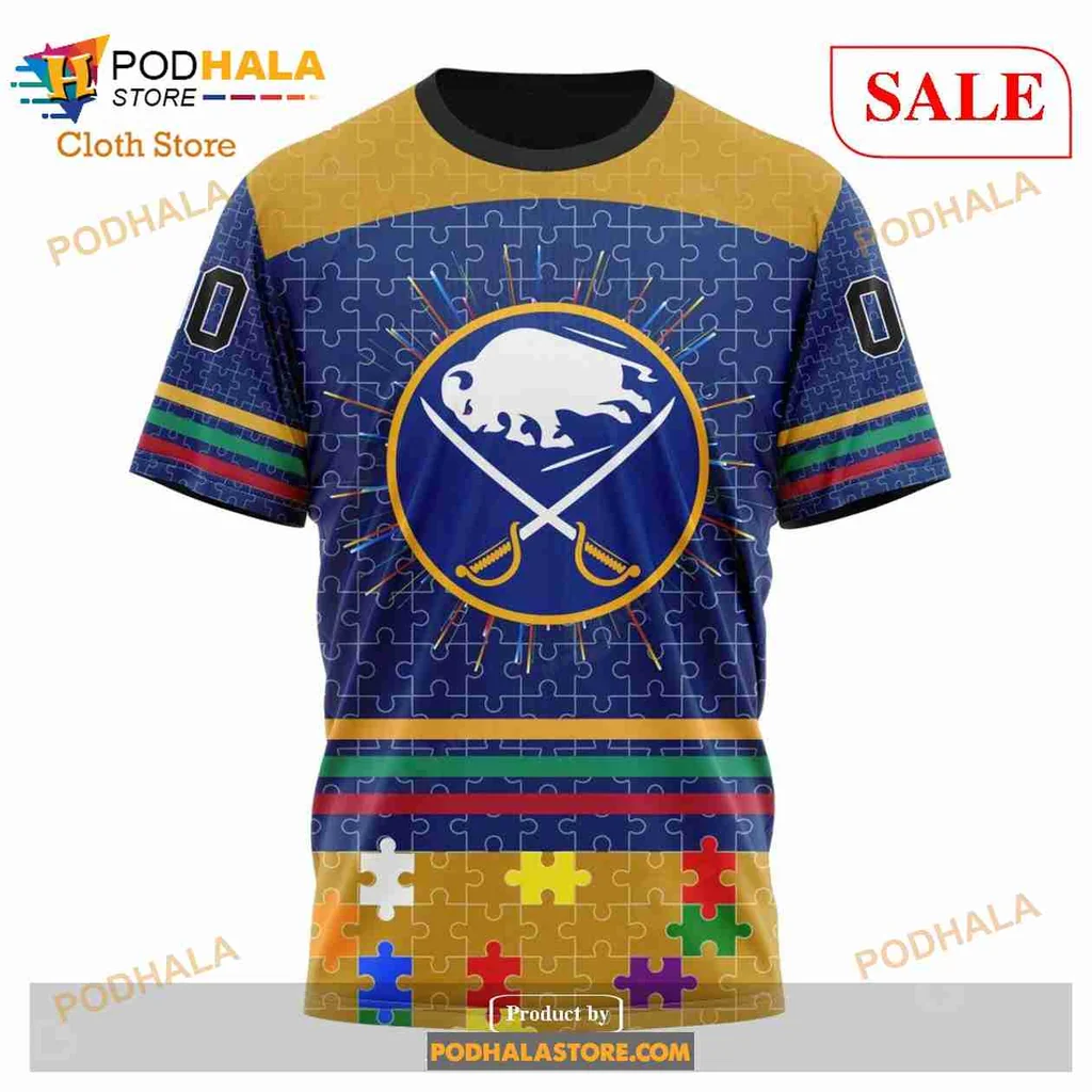 Buffalo Sabres Autism Awareness Hoodie Featuring Colorful Puzzle Design - Product View 6 Buffalo Sabres Autism Awareness Hoodie Featuring Colorful Puzzle Design - Product View 6