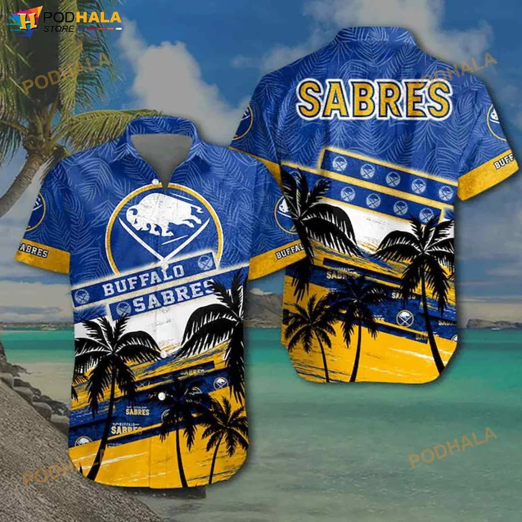 Buffalo Sabres Hawaiian Shirt Featuring Vibrant Buffalo Design And Palm Trees