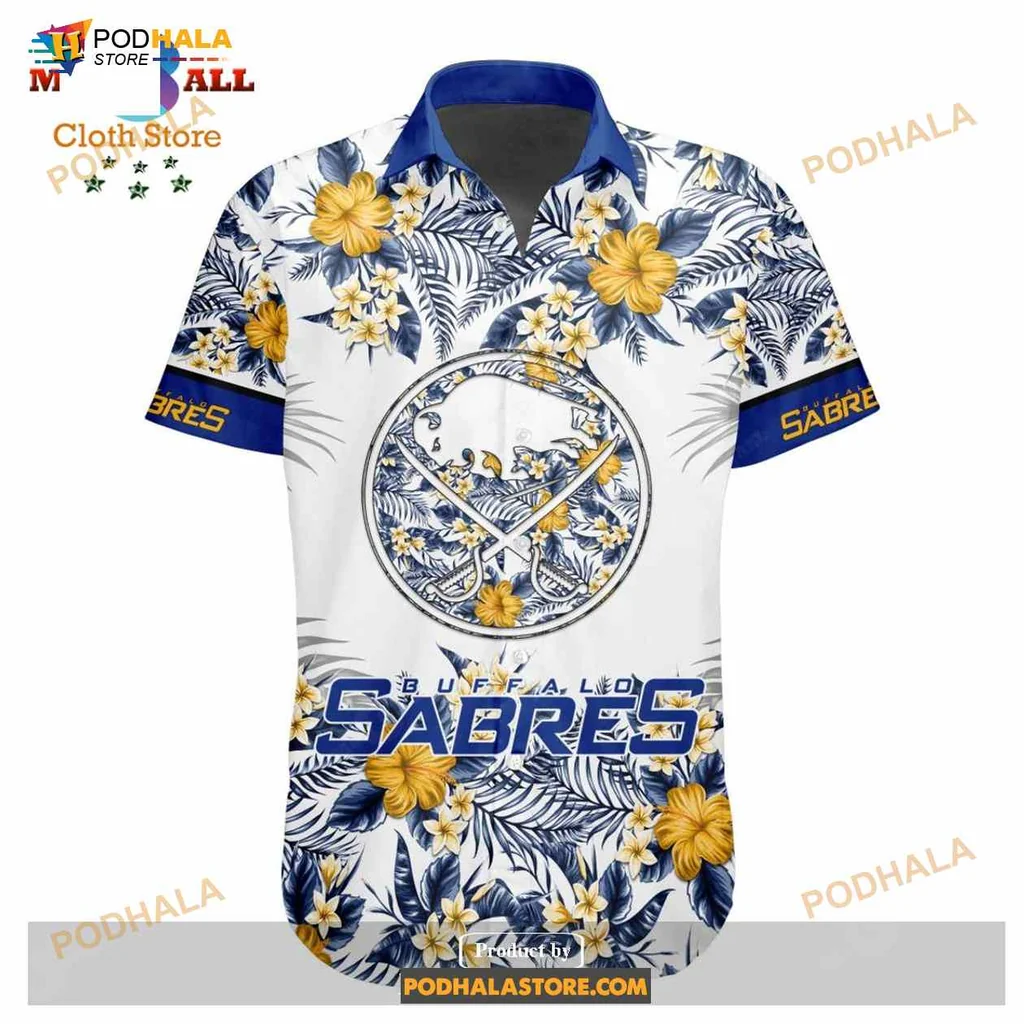 Buffalo Sabres Hawaiian Shirt With Vibrant Yellow Flowers And Logo
