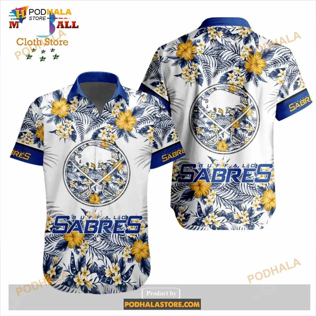 Buffalo Sabres Aloha Shirt With Vibrant Yellow Flowers And Logo Buffalo Sabres Aloha Shirt With Vibrant Yellow Flowers And Logo