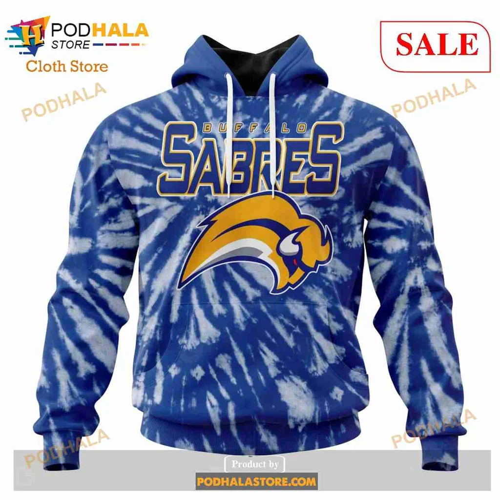 Buffalo Sabres Retro Tie Dye Hoodie Featuring Fierce Buffalo Head Design