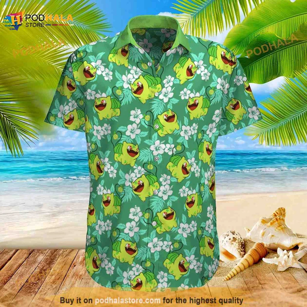 Bulbasaur Tropical Hawaiian Shirt With Cheerful Design And White Flowers
