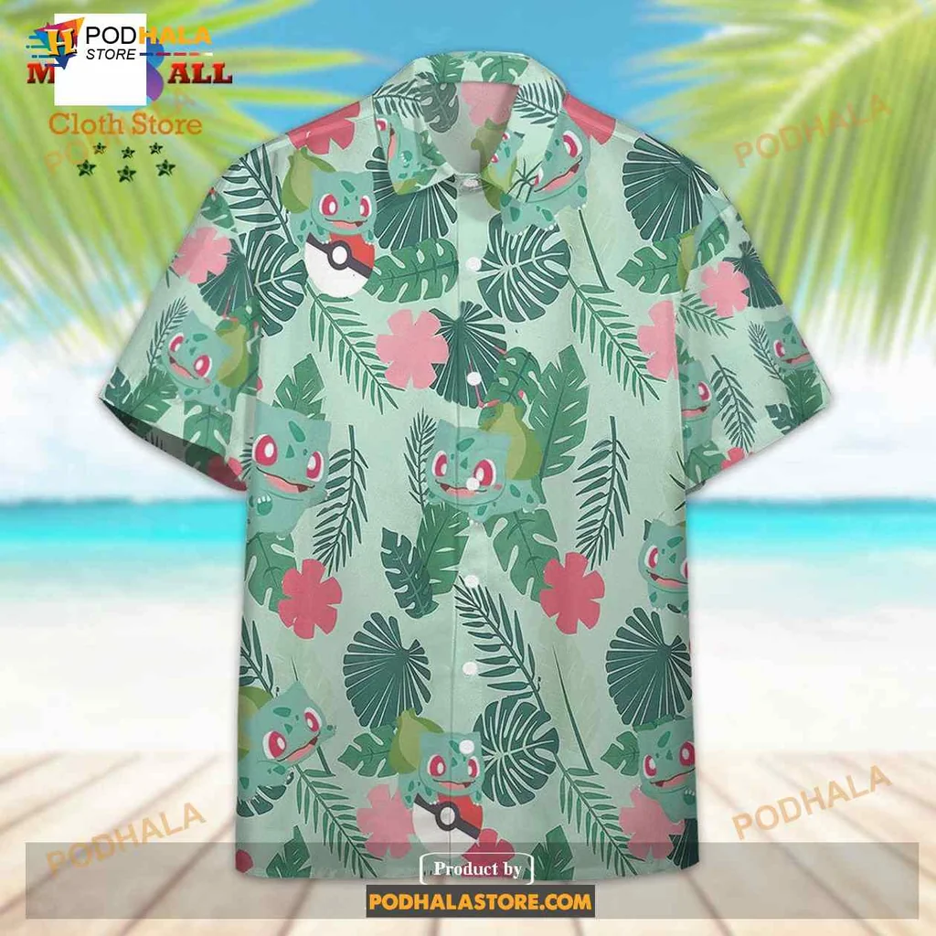 Bulbasaur Tropical Aloha Shirt With Colorful Leafy Patterns Bulbasaur Tropical Aloha Shirt With Colorful Leafy Patterns