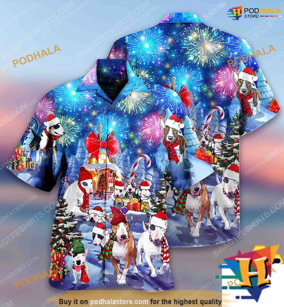 Bull Terrier Holiday Hawaiian Shirt Featuring Festive Dogs In Santa Hats
