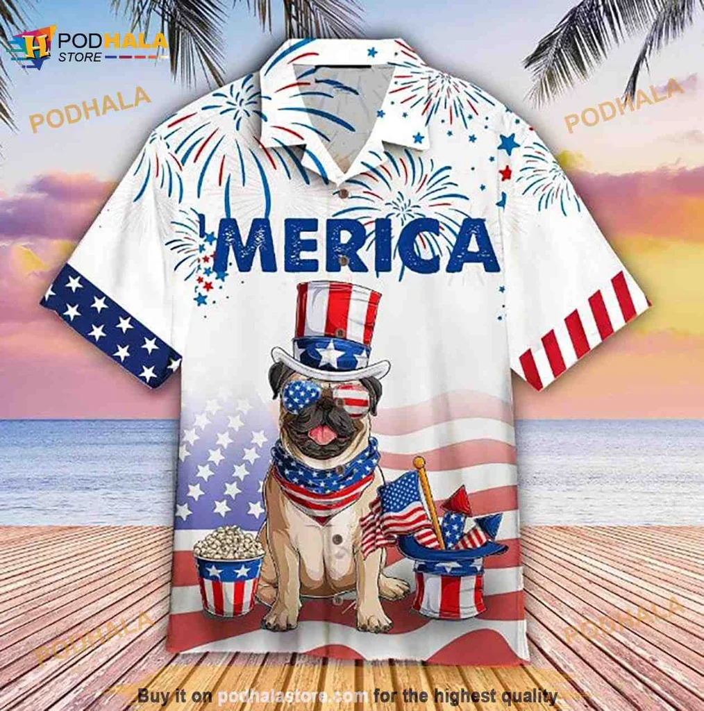 Bulldog American Flag Hawaiian Shirt With Fireworks And Merica Design