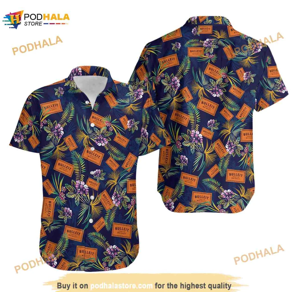 Bulleit Bourbon Whiskey Hawaiian Shirt With Tropical Floral Design
