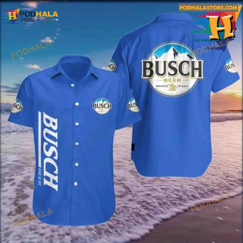 Busch Beer Aloha Shirt Featuring Vintage Logo And Tropical Design