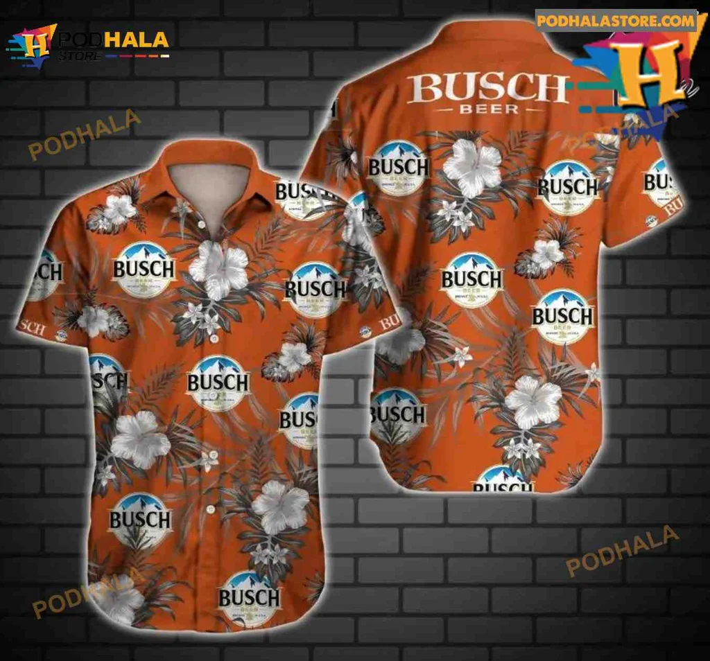 Busch Beer Aloha Shirt With Tropical Hibiscus And Green Leaves